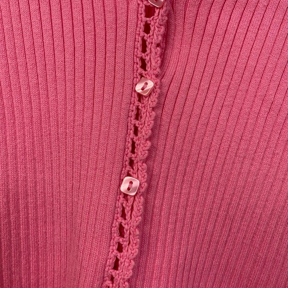 Cleo Women’s Size Large Pink Cardigan V Neck Crochet Hem Cuffs Ribbed - Picture 6 of 12